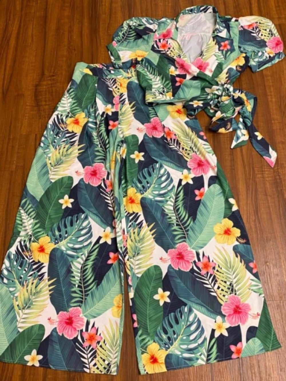 Ladies Tropical Print Wide Leg Pant Set